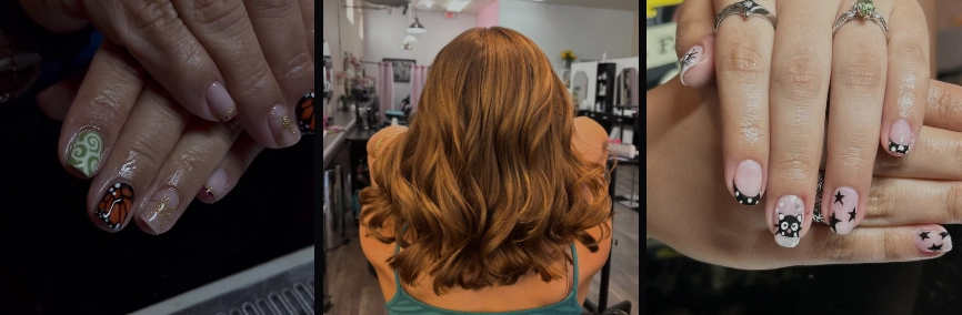 Salon work collage: nail art and auburn waved hair