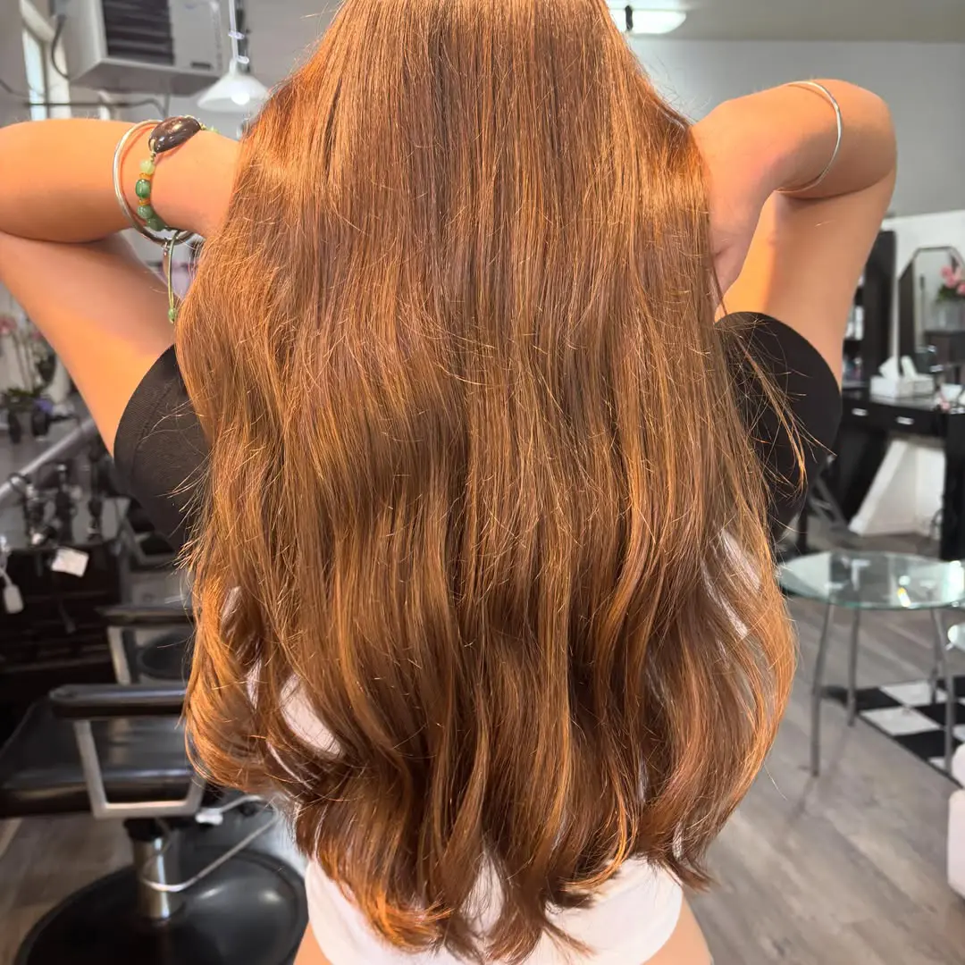 Long copper auburn hair, back view in the salon